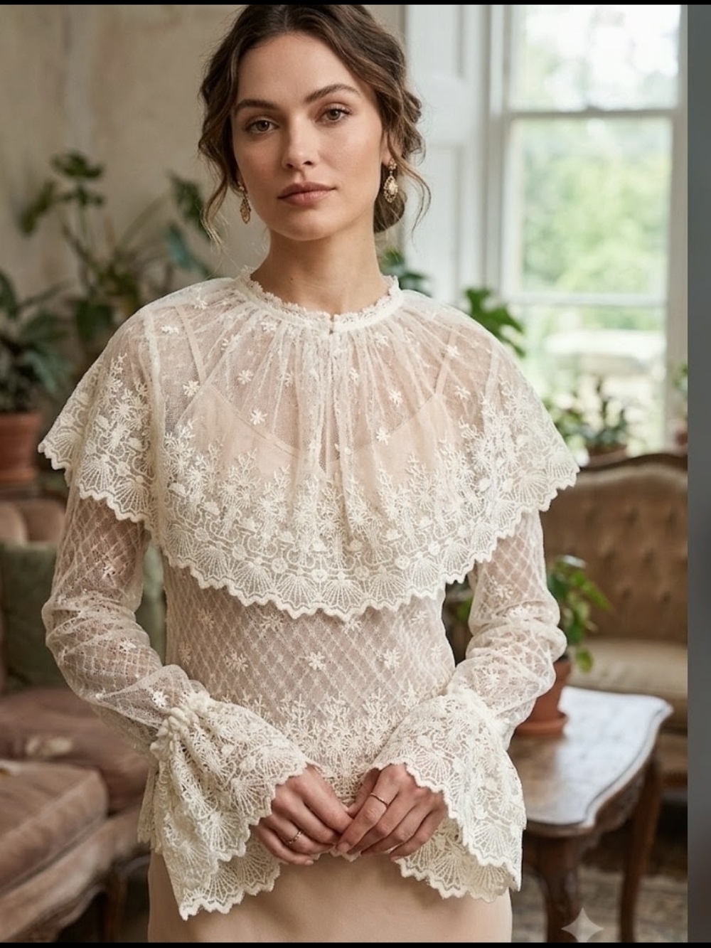 Anthropologie Ivory Lace Floral Sheer Blouse